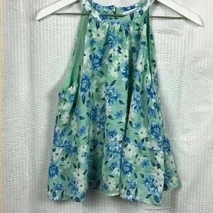 Planet Gold Womens Halter Green Blue L Floral Print  Lined Peplum Hemline NWT